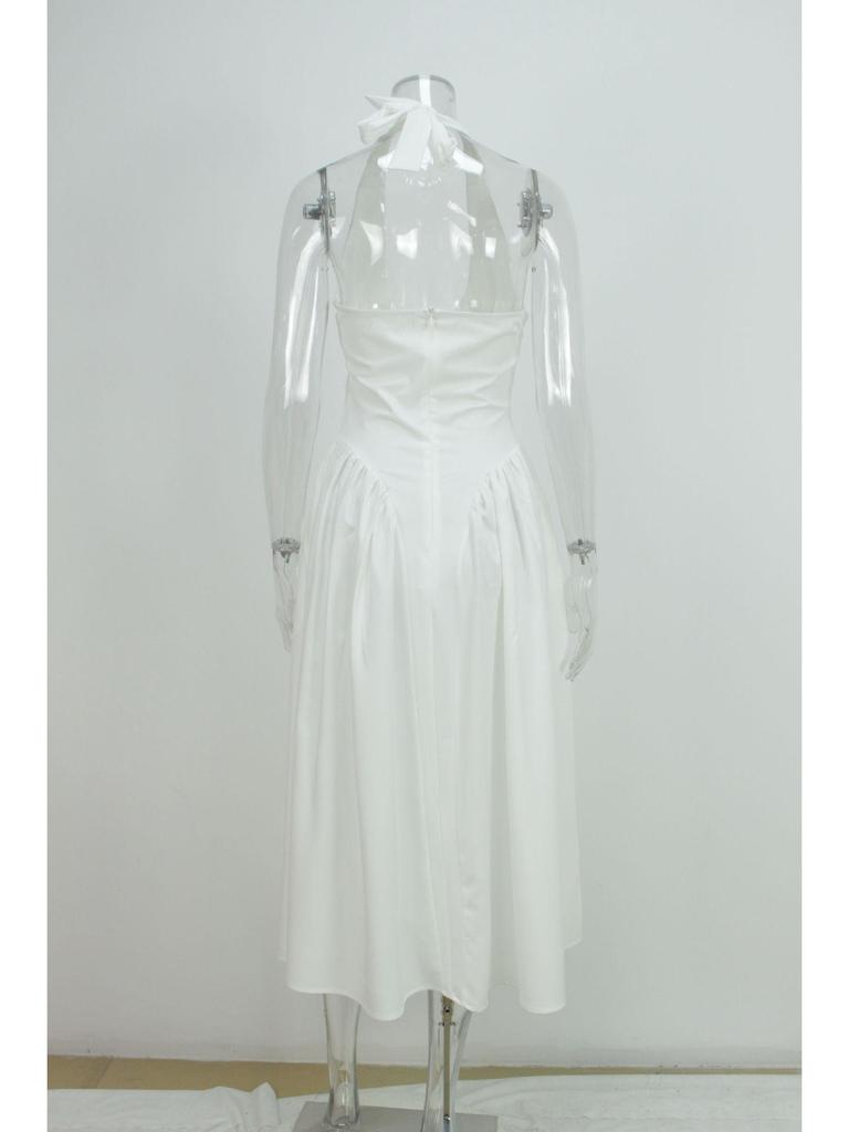 2026 Spring Women's Solid Color V-neck Halter High-waist Dress: Elegant & Sexy European/American Style