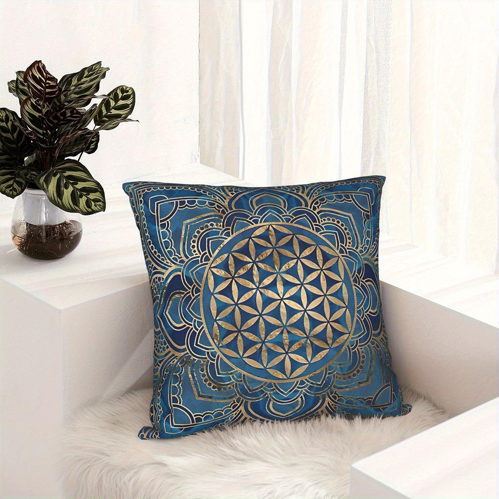 Flower Of Life Mandala Pillow Cover Blue Gold Geometric Print Soft Throw Pillow Case For Yoga Meditation Home Decor Gift