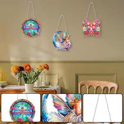 3pcs 2D Flat DIY Special Shape Hanging Diamond Art Kits Rhinestone Diamond Art Window Pendants Wall Decor for Home & Windows