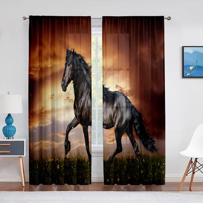 Tenda Voile Trasparente con Animali Cavallo Marrone Scuro Cavallo al Galoppo Tramonto Erba Finestra Tende Tulle per Soggiorno Camera da Letto Decorazione
