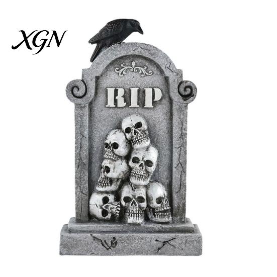 Vintage Style Horror Statue Halloween Skull Tombstone, Stone Look Retro Gothic Resin Creepy Distressed Gray Effect Figurine Crow Gravestone