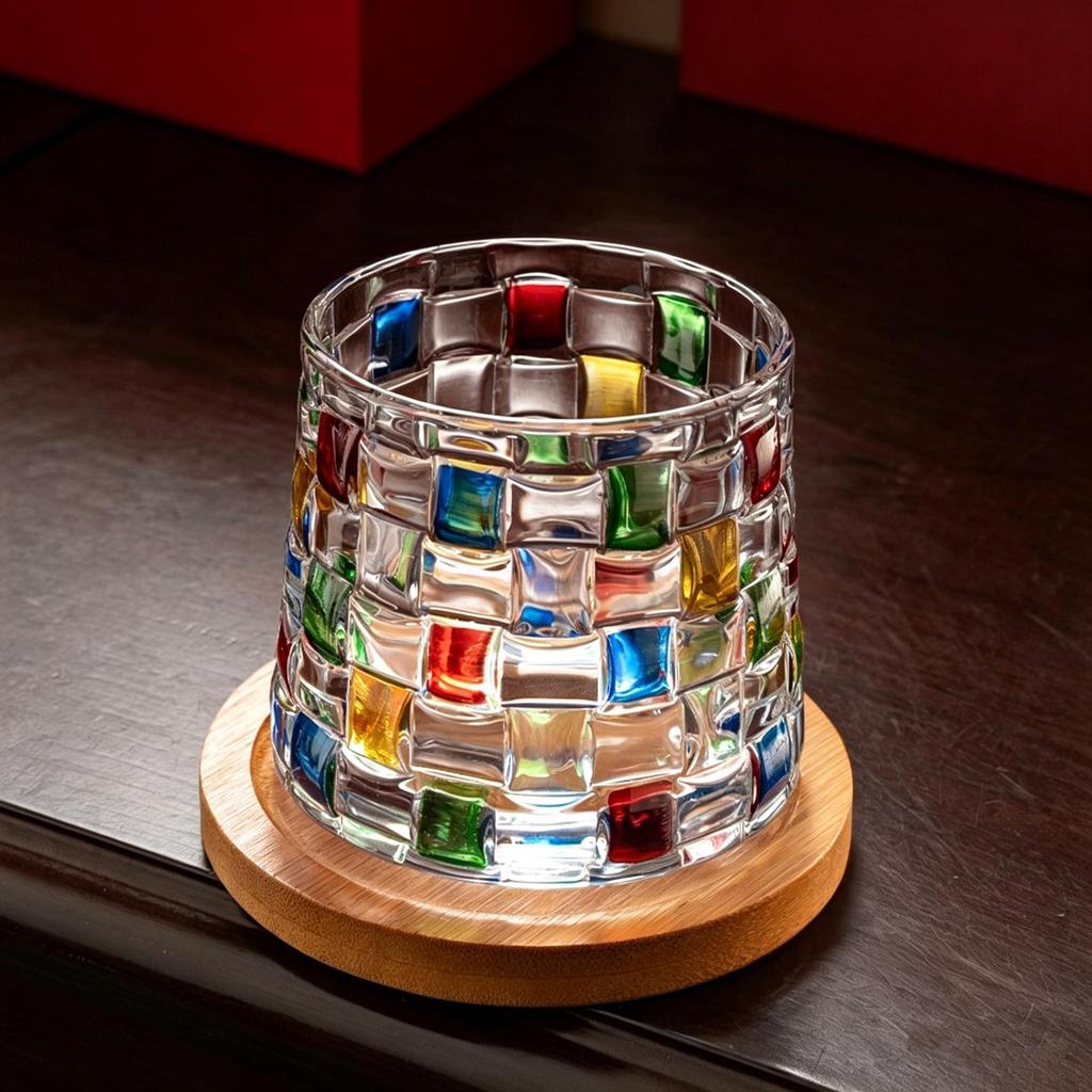Colorful Hand-Painted Crystal Whiskey Glass, Vintage Embossed Tumbler for Bar & Home