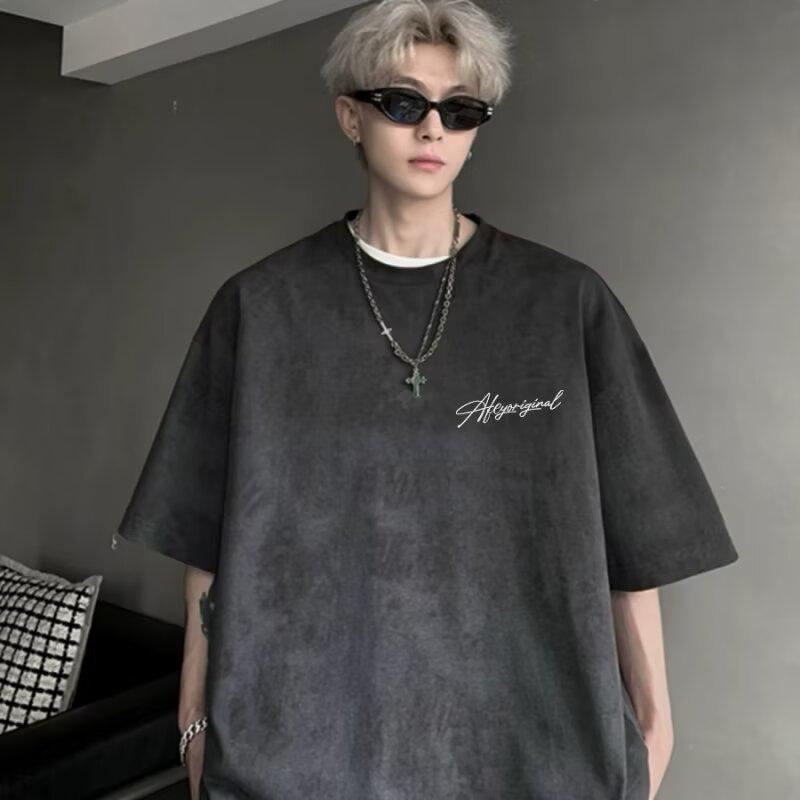 Men's Light Gray Tie Dye Script Print Oversized Short Sleeve T-Shirt Casual Streetwear Top
