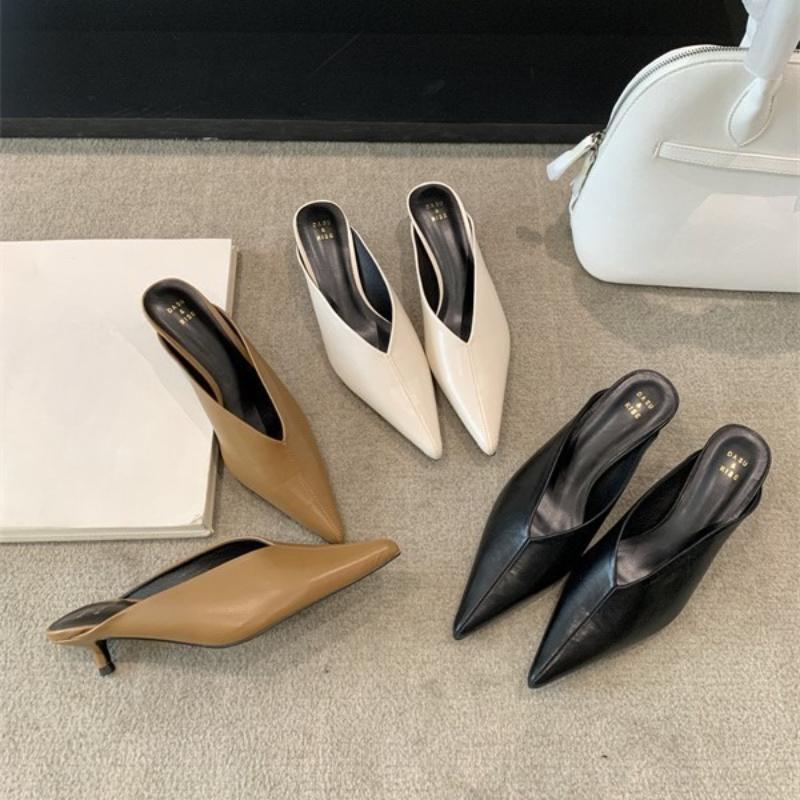 Fashion Women Pointed Toe Mule Slides Mid Heel Slippers Fashionable Open Toe Sandals