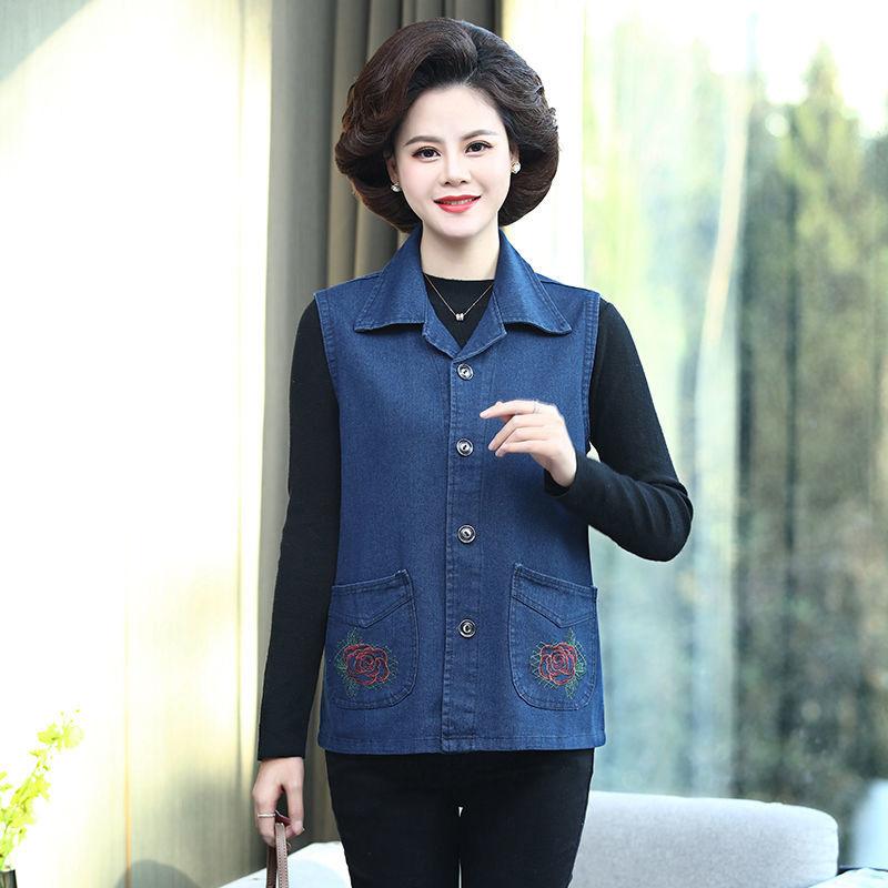 Flower Embroidery Solid Color Big Pocket Women's Denim Vest Sleeveless Spring and Autumn Loose Casual Coat Waistcoats