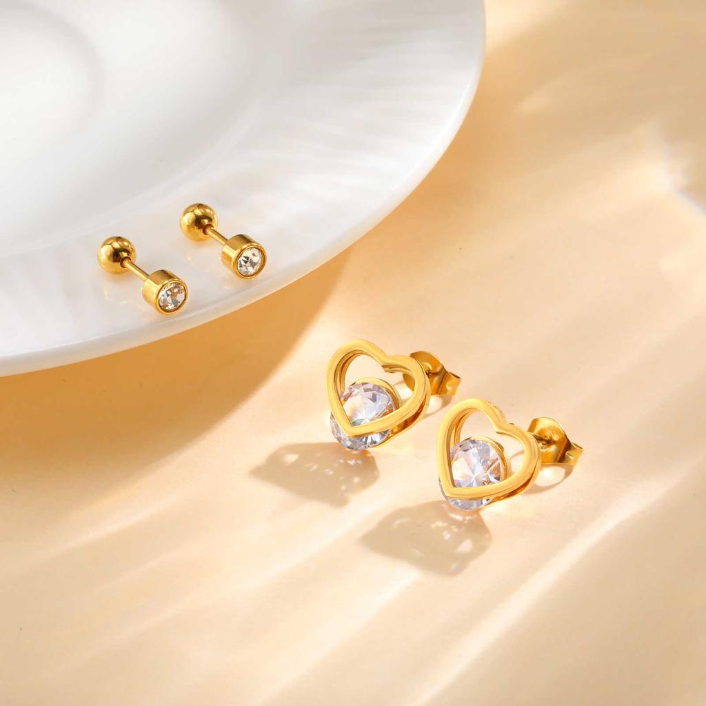 High Quality Shiny Zircon Heart Stud Earrings for Women, Stainless Steel Gold Color Earrings, Light Luxury Jewelry Gift