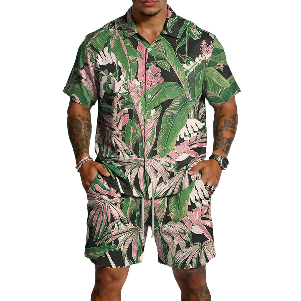 Conjunto casual de dos piezas para hombre con estampado, top ligero y transpirable con pantalones cortos de cordón