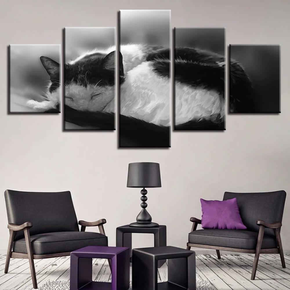 

5 шт., настенная живопись на холсте, черный, белый цвет, милый постер с изображением кота и животного, украшение дома, современная гостиная, модульные картины