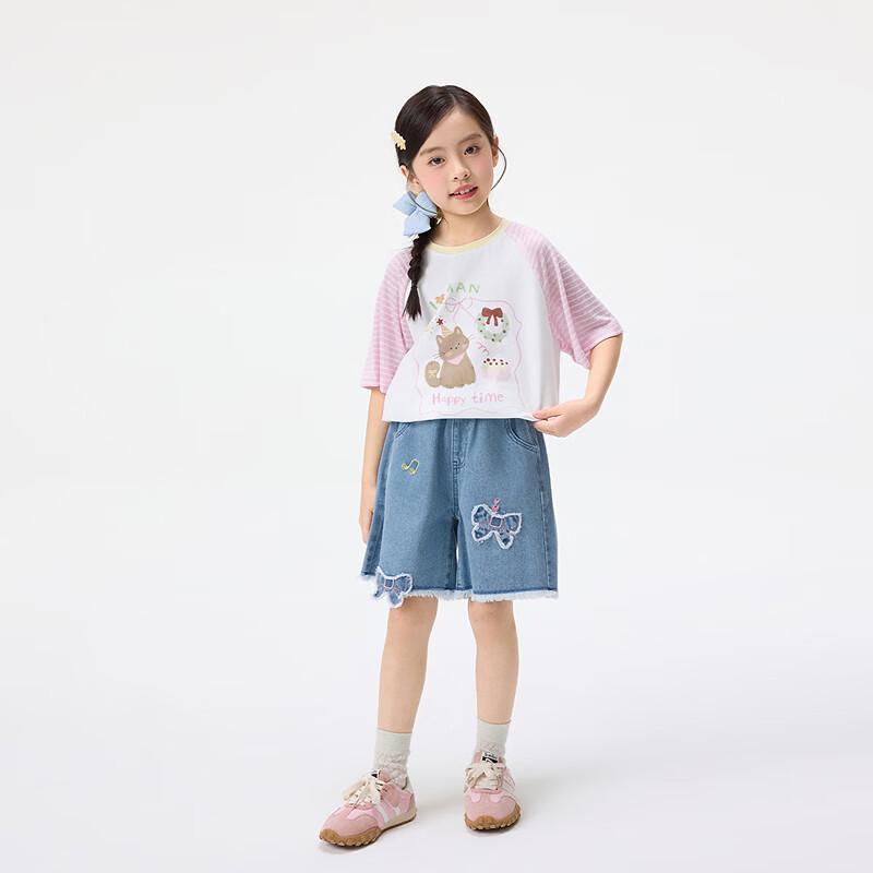 Xiaoyinman Girls' Frayed Edge Loose Casual Denim Shorts with Bow Patch