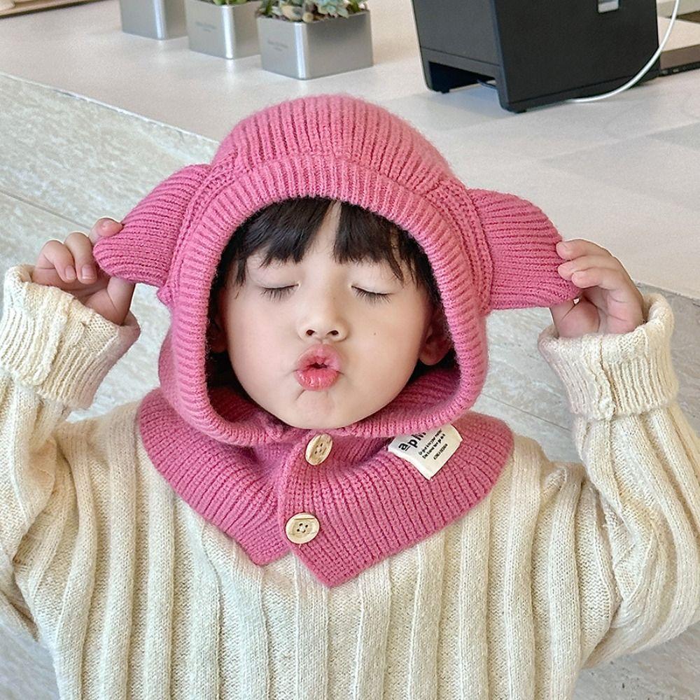 

Soft Warm Bear Ear Knit Hats Winter One Piece Scarf Cap Cute Baby Hooded Hat Toddler