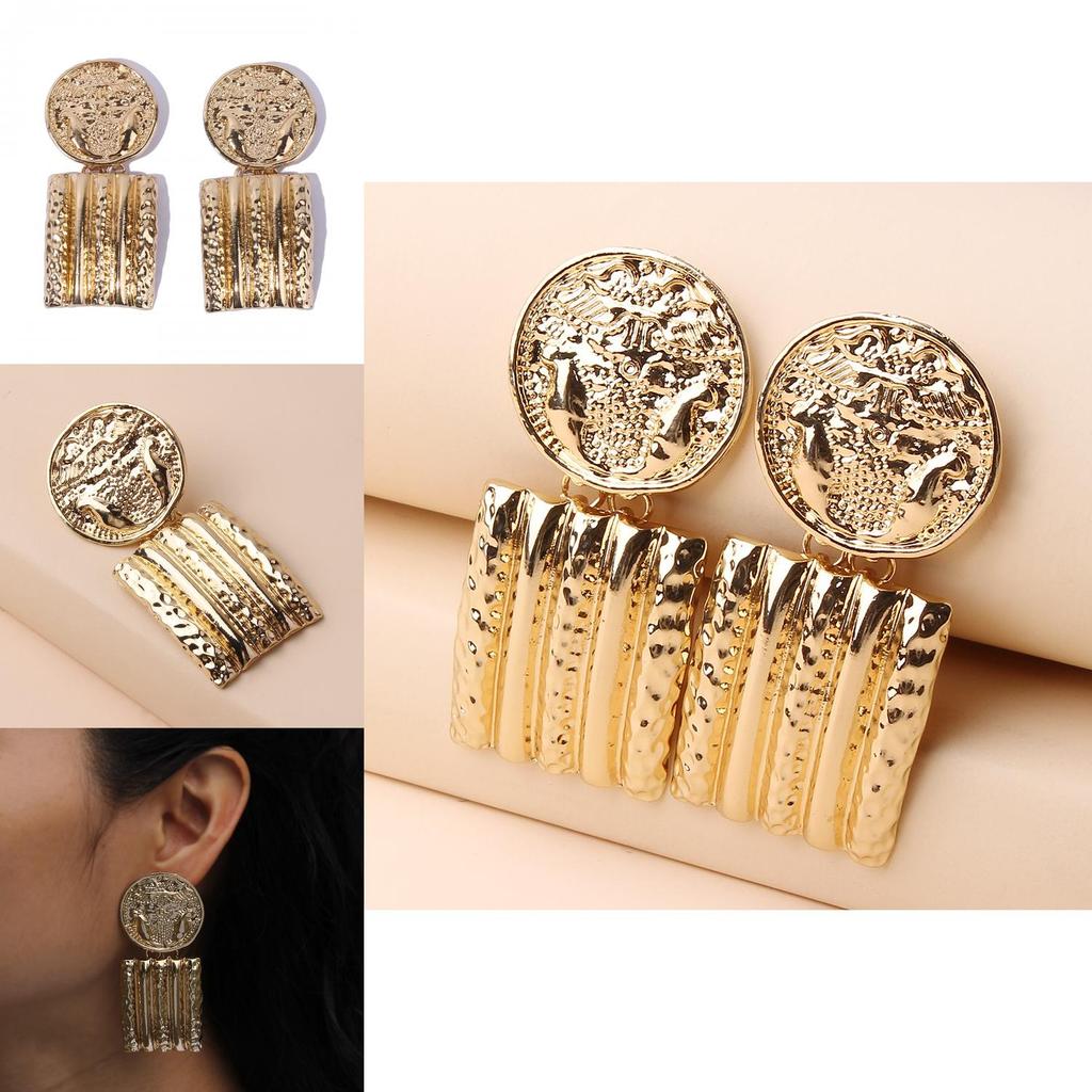 Contemporary Geometric Gold Metal Earrings With Relief Design For Gift Giving