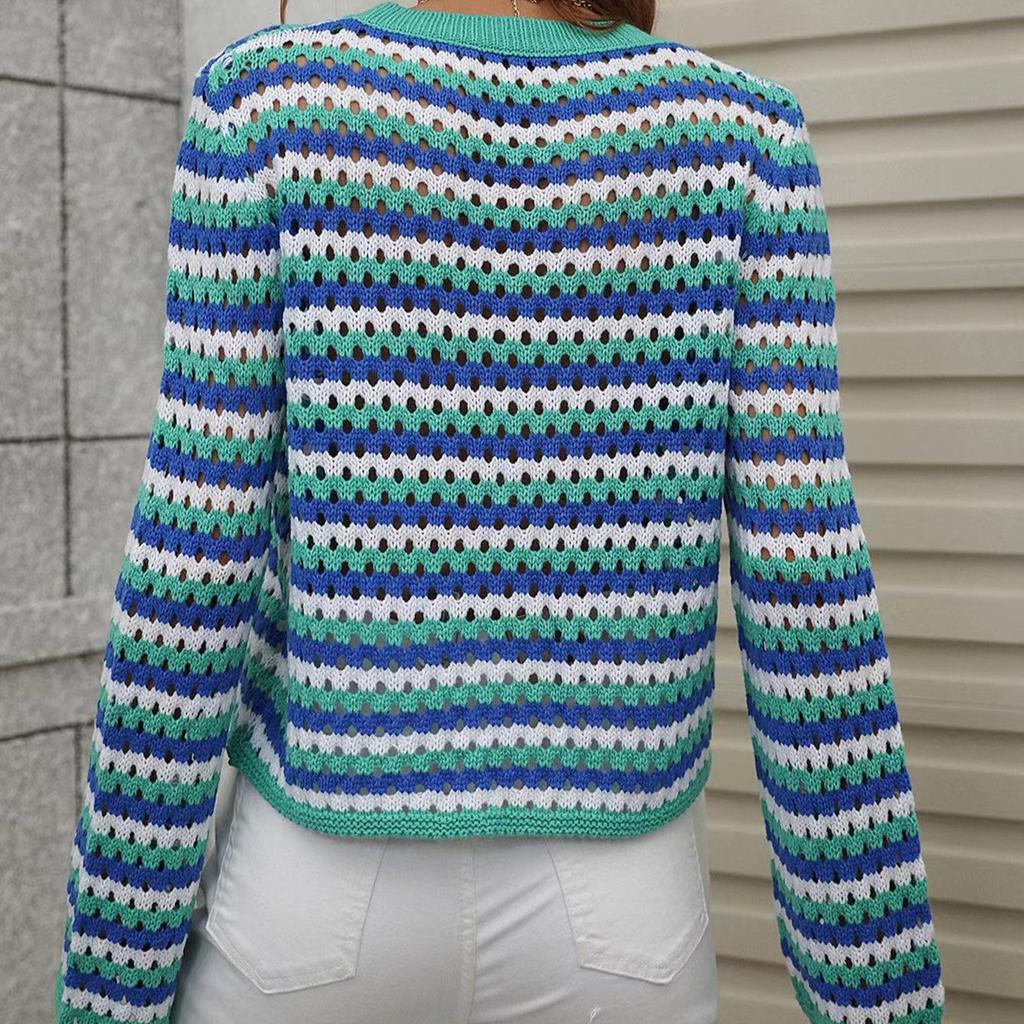 IHUASU Autumn and Winter O-neck Women's Knitwear Striped Pullover Intercolour Sweater