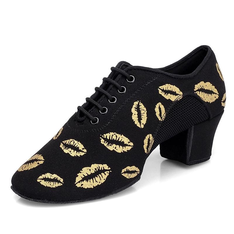 Lip Print Latin Dance Shoes Women Oxford NET Cha Cha Dance Shoes Ballroom Dancing Shoes Mesh Sneakers Canvas Square Shoe Woman