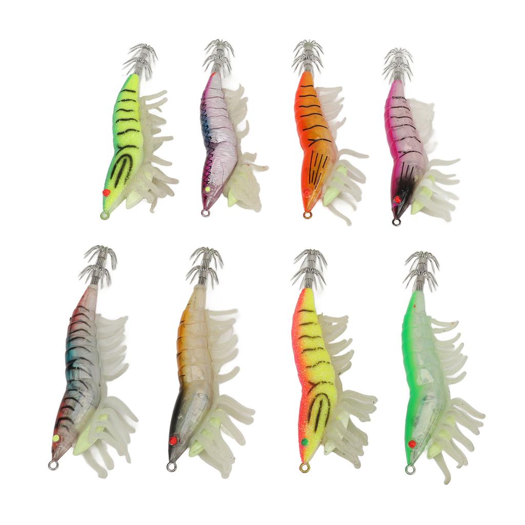 8pcs Shrimp Lures Luminous Silicone Realistic with Sound Beads Shrimp Baits for Squid Octopus 3.5