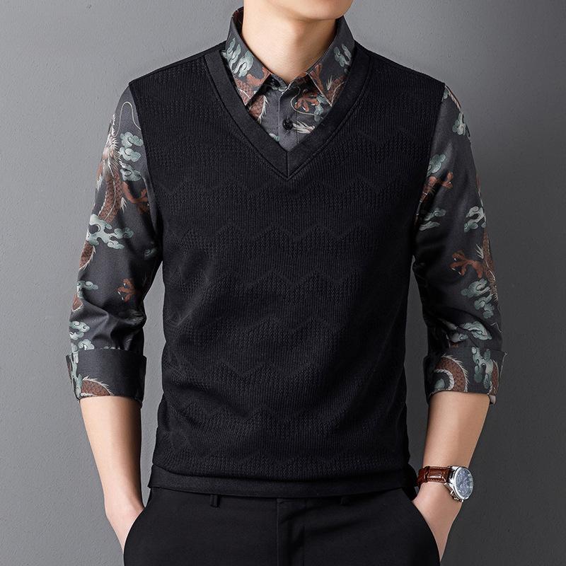 Весна и осень Толстая рубашка из двух частей с имитацией дракона Тотема Мужская рубашка — фото 4