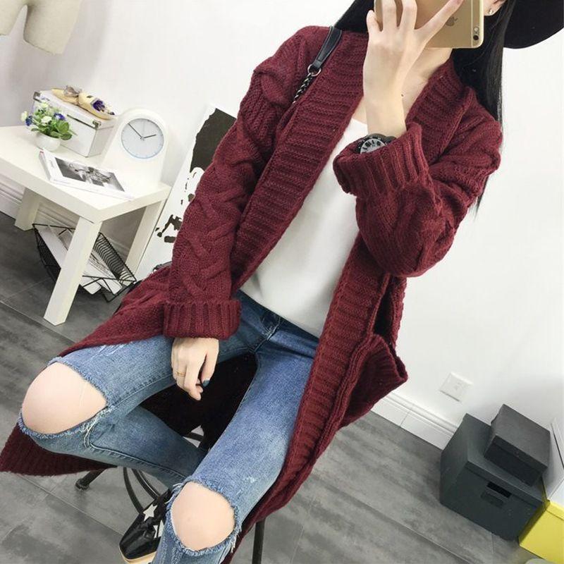 Dámský módní ležérní dlouhý jednobarevný svetr bez knoflíků cardigan bunda