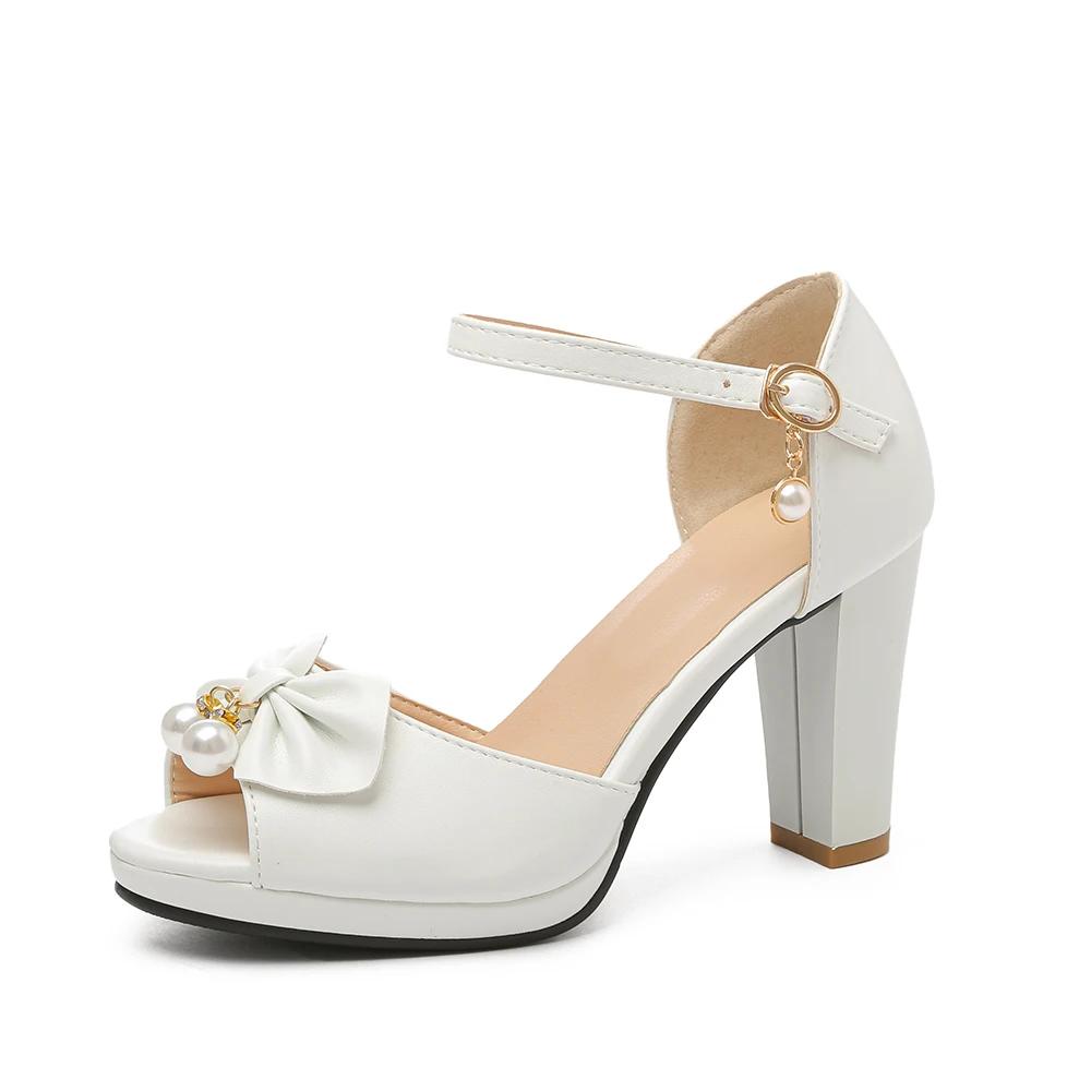 Fashion Summer Womens Bow Shoes Classic Pearl Pumps Fish Mouth High Heel Ladys Platform Sandals Evening Party Dress Wedding Shoes Femal