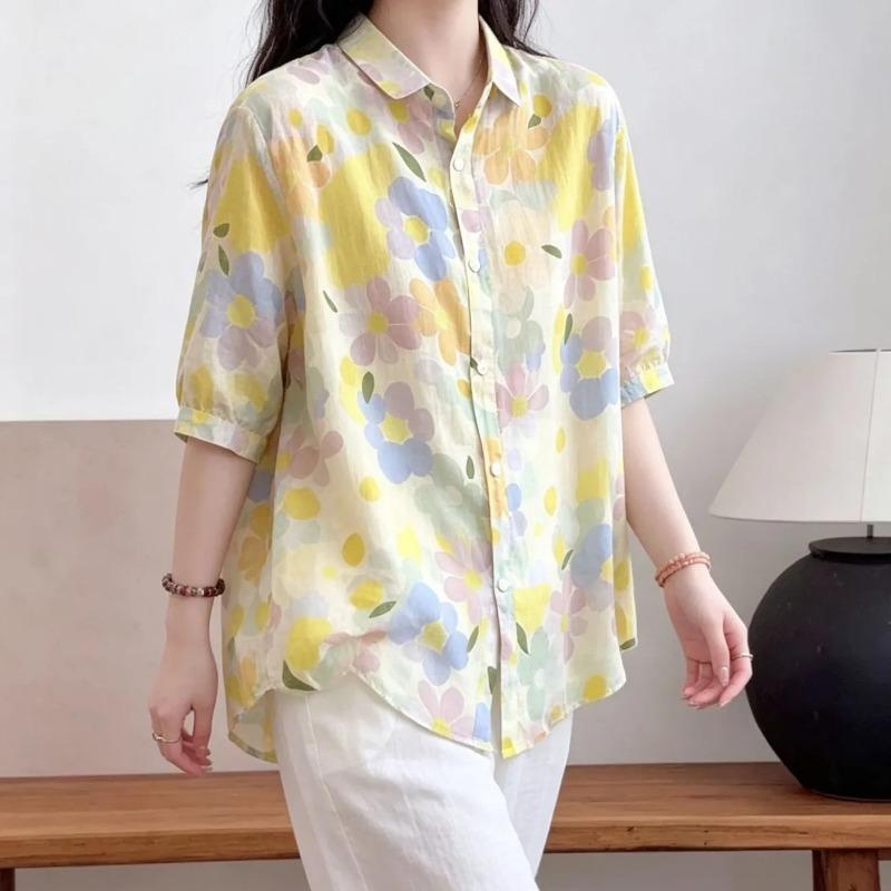 Women S Loose Floral Printed Cotton Mid Sleeve Blouse For Vacation