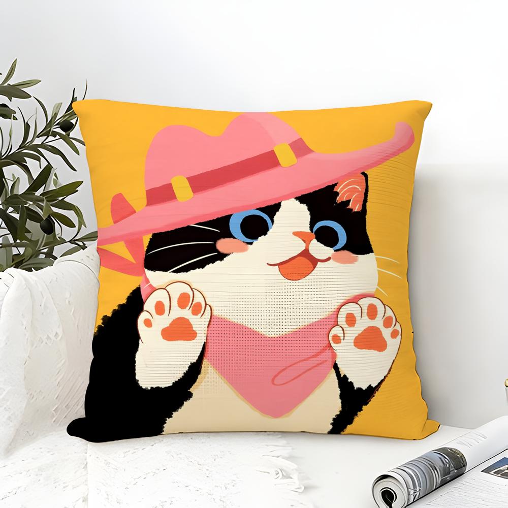 Cute Cartoon Cat Patterns Pillow Case Cotton Linen Fabric Square Zipper Pillowcase Home Decorative Living Room