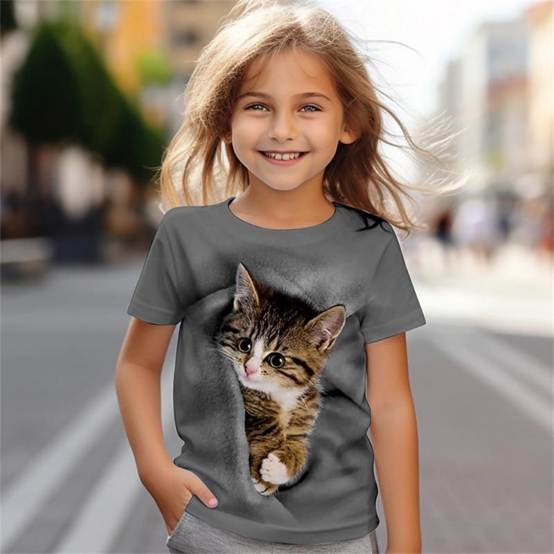 Kinder T-Shirt 3D Katze Kinderkleidung Mädchen T-Shirts Kleidung für Mädchen 2024 Mädchen Sommer Kinder Top Kinder Grafik Teen Mode