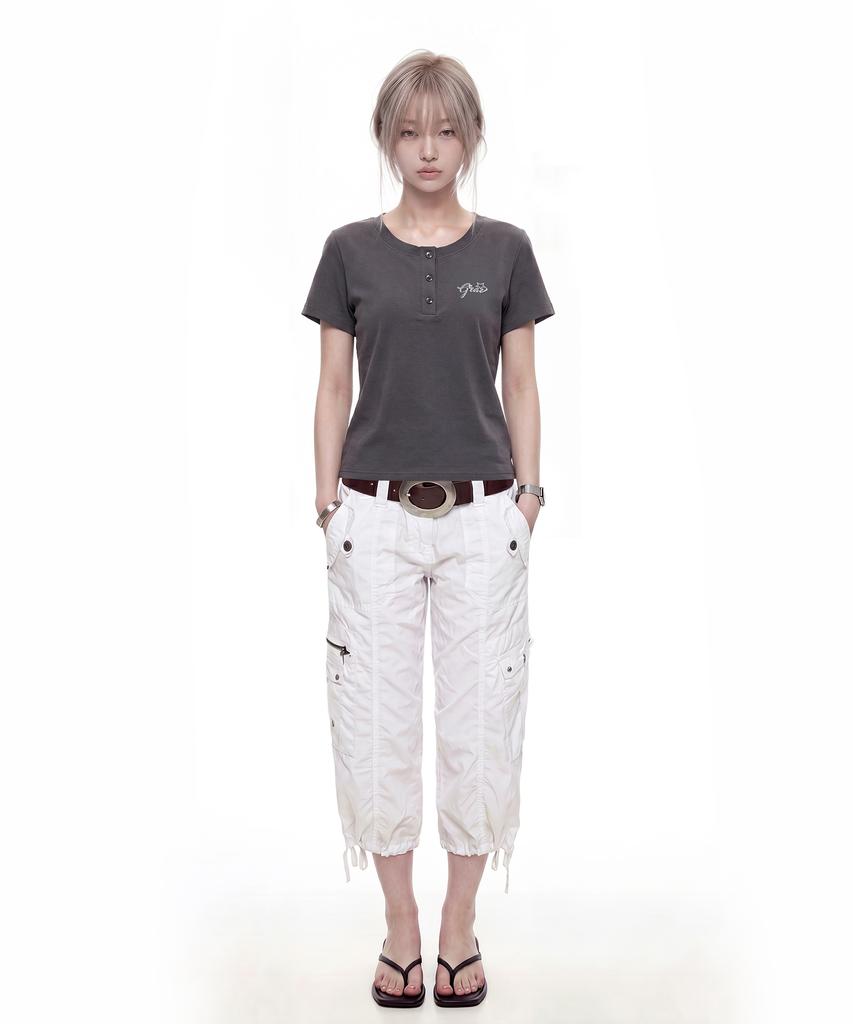 GRAVER [Unisex]Wings Henley Neck Short Sleeve T-Shirt_2 Colors