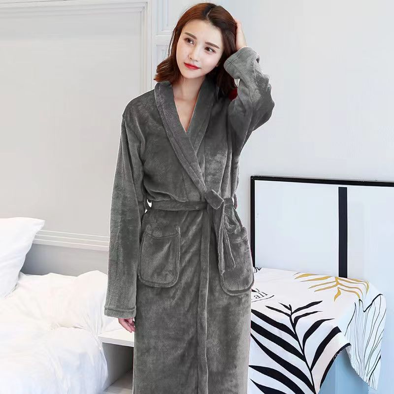 Men's Mid-Length Plush Coral Fleece Flannel Bathrobe for Autumn/Winter