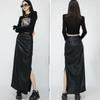 Black High Waist Folds Side Split Pu Leather Skirts For Women Autumn Winter Elegant Brown Bodycon Long Skirts