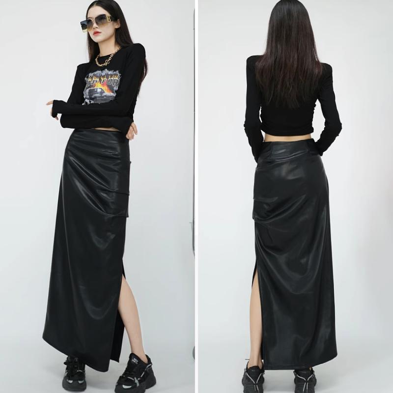 Black High Waist Folds Side Split Pu Leather Skirts For Women Autumn Winter Elegant Brown Bodycon Long Skirts