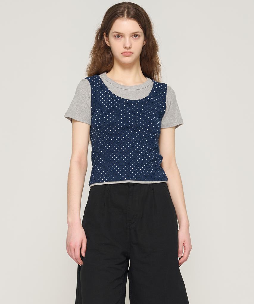 CARGOBROS FOR WOMAN Dot Layered Set Short Sleeve T-Shirt (Navy/Gray)