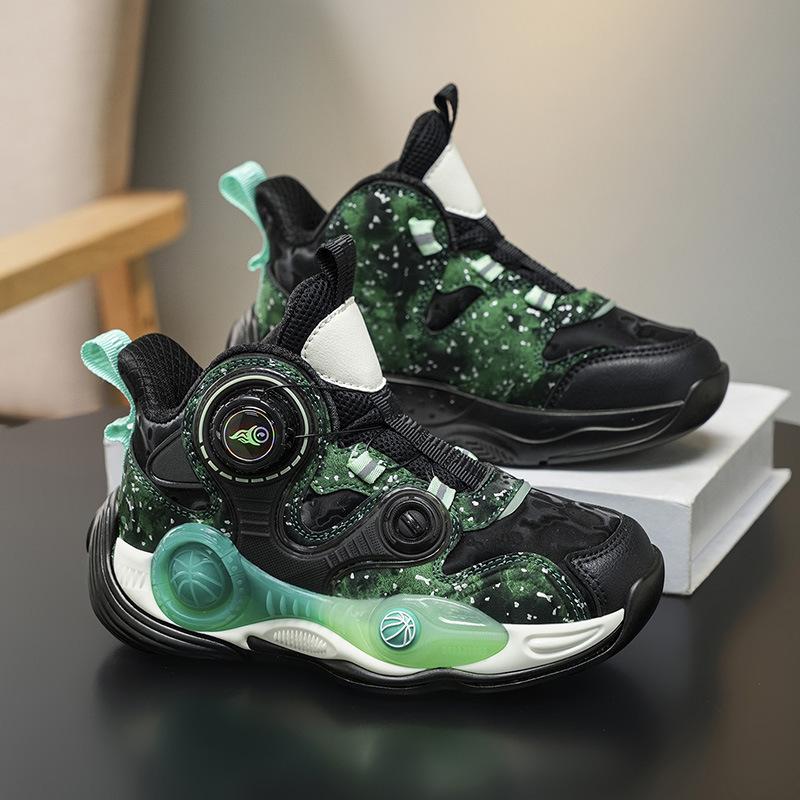 Source factory rotating buckle leather surface children's actual basketball shoes new non-slip thick-soled cool outdoor sports shoes