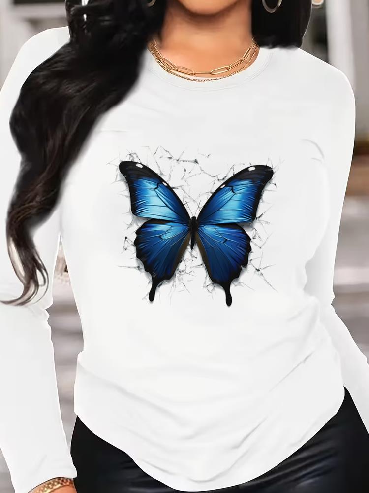 (Asian Size) Tee o-neck Print autumn winter spring Women Clothing butterfly 90s trend Casual Long Sleeve T Shirt Fashion Top Graphic T-shirts