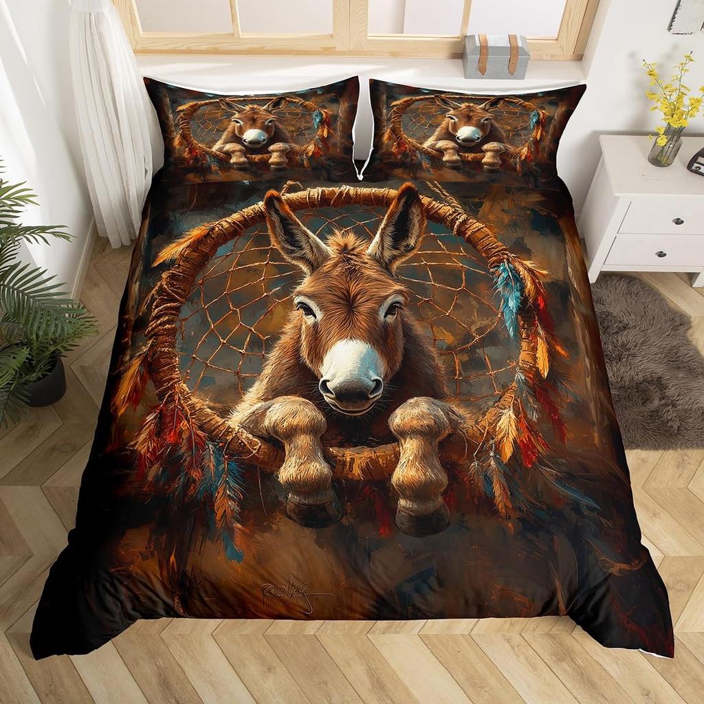 Cute Donkey Duvet Cover Rustic Barn Door Full Bedding Set Farmhouse Decor Farm Animals Comforter Cover Sunflower Flower Bed Set