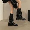 Wind retro stacked medium boots cowboy boots western old new pleated wasteland boots belt buckle women
