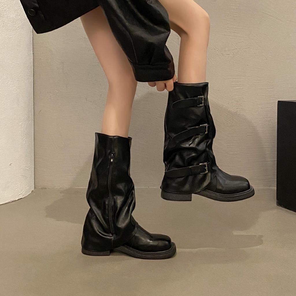 Wind retro stacked medium boots cowboy boots western old new pleated wasteland boots belt buckle women