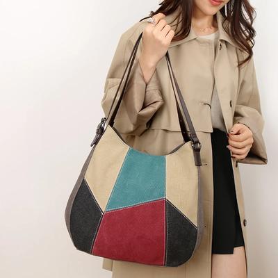 Casual Patchwork Canvas Saddle Shoulder Bags with Large Capacity High Quality Designer Style