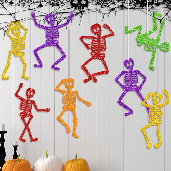 8 Pcs Colorful Hanging Skeleton Decoration Glitter Paper Skeleton Bunting Banner Backdrop for Indoor Outdoor Halloween Party Decor