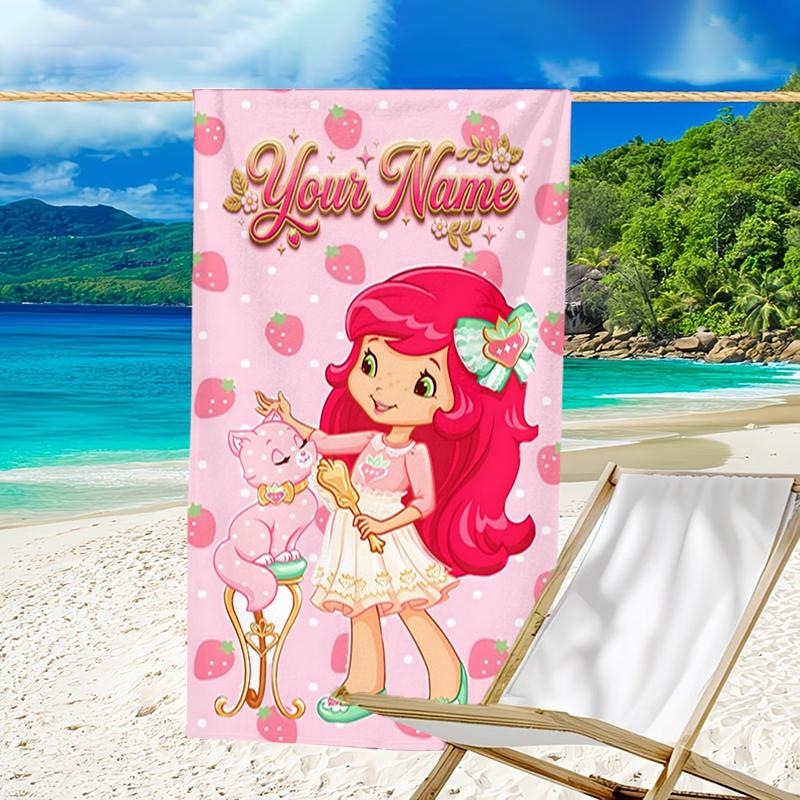 1pc Princess Strawberry Beach Towel with Custom Name, Beach and Seaside Swimming Pool Equipment, Fashion Pattern, Rectangular, Travel Essential