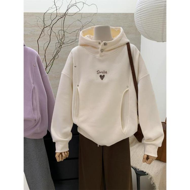 Design Inspired Exclusive Embroidered Heart Smiling Face Hooded Pullover Women Fall Winter Thick Padded Warm Jacket S
