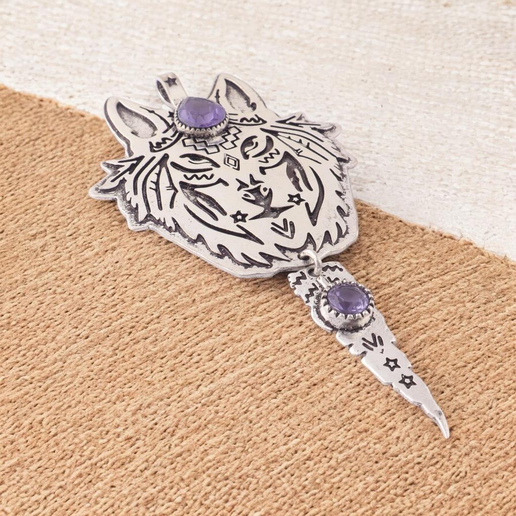 925 Sterling Silver Genuine Iolite Handmade Tiger Face Shape Pendant 4" For Gift CP-26-8