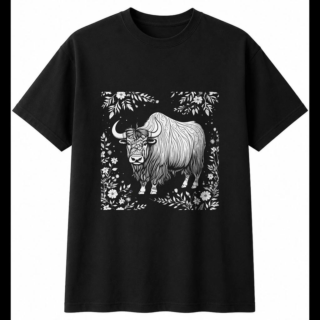 Botanical Yak with Flowers Wildlife Mens T-Shirt Black 100% Cotton Printed