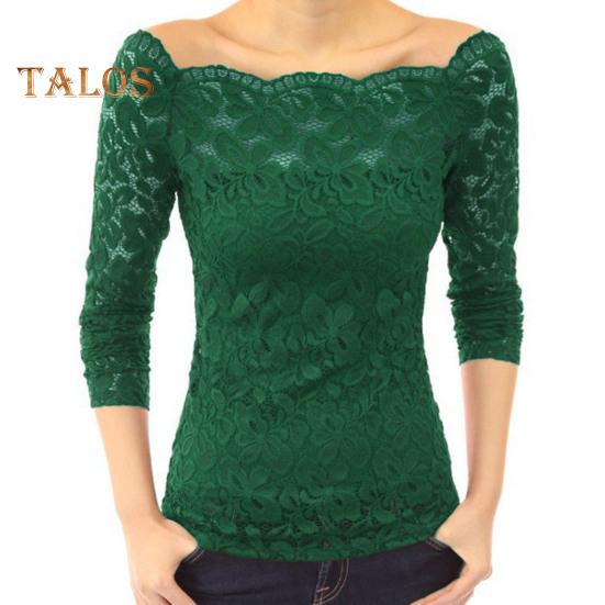 Topuri de damă Guler asimetric Mânecă lungă Cămașă cu dantelă Dantelă ajurată Aplicare dantelă Culoare uni Croială slim Fit Broderie Dantelă Flori Topuri