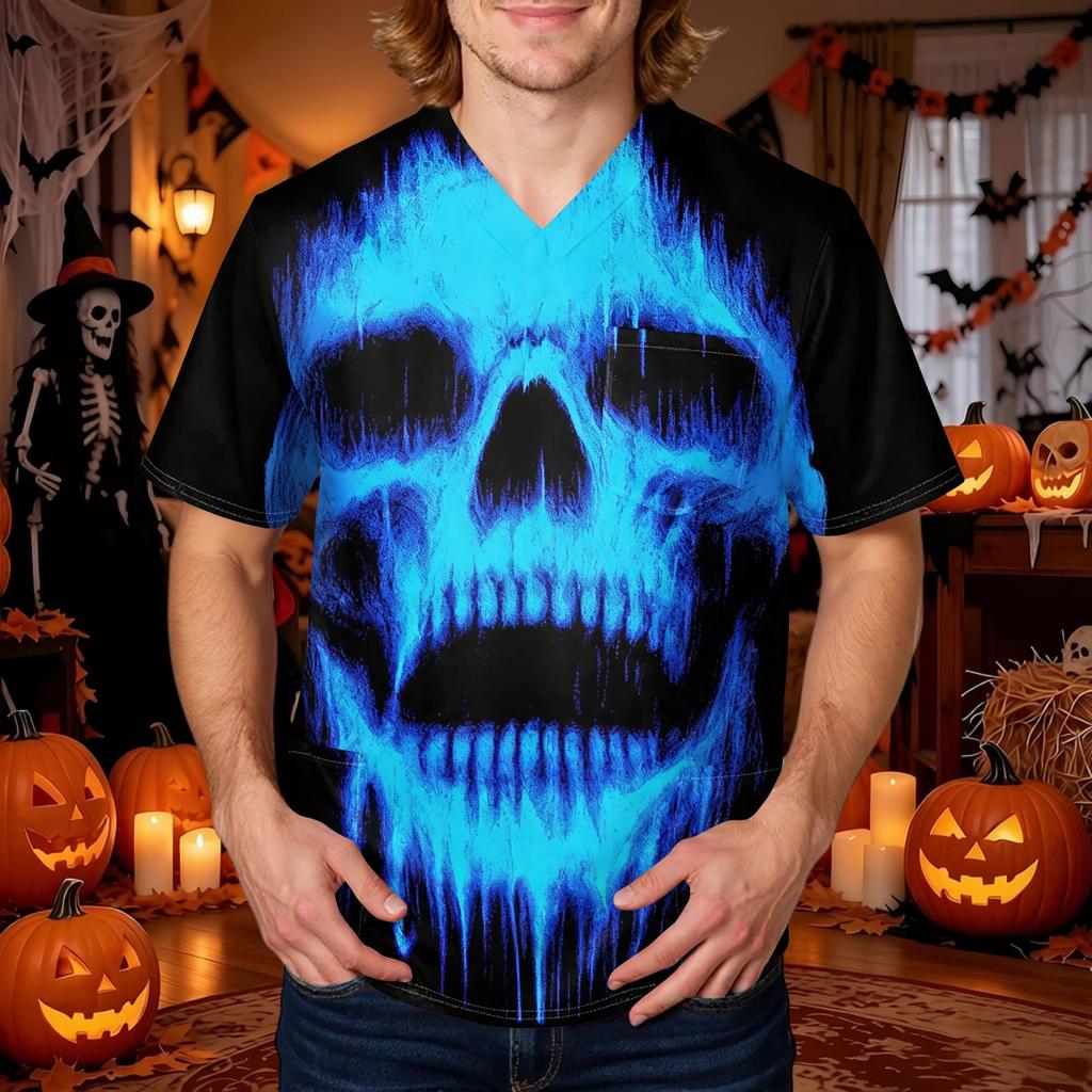Men's Halloween Printed V-Neck Short Sleeve Scrub Top with Pocket