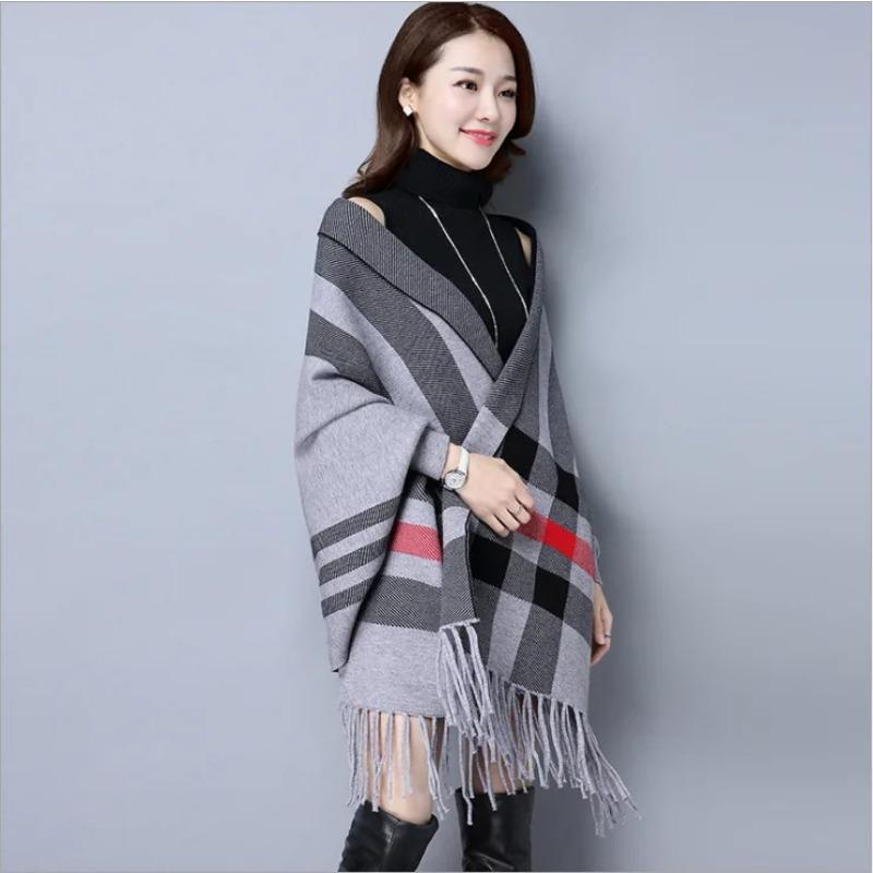 

Женская осенняя накидка с длинными рукавами «летучая мышь», большая накидка-маятник, уличная одежда, зимнее вязаное полосатое пончо, винтажное пальто с шалью и кисточками ONE SIZE серый