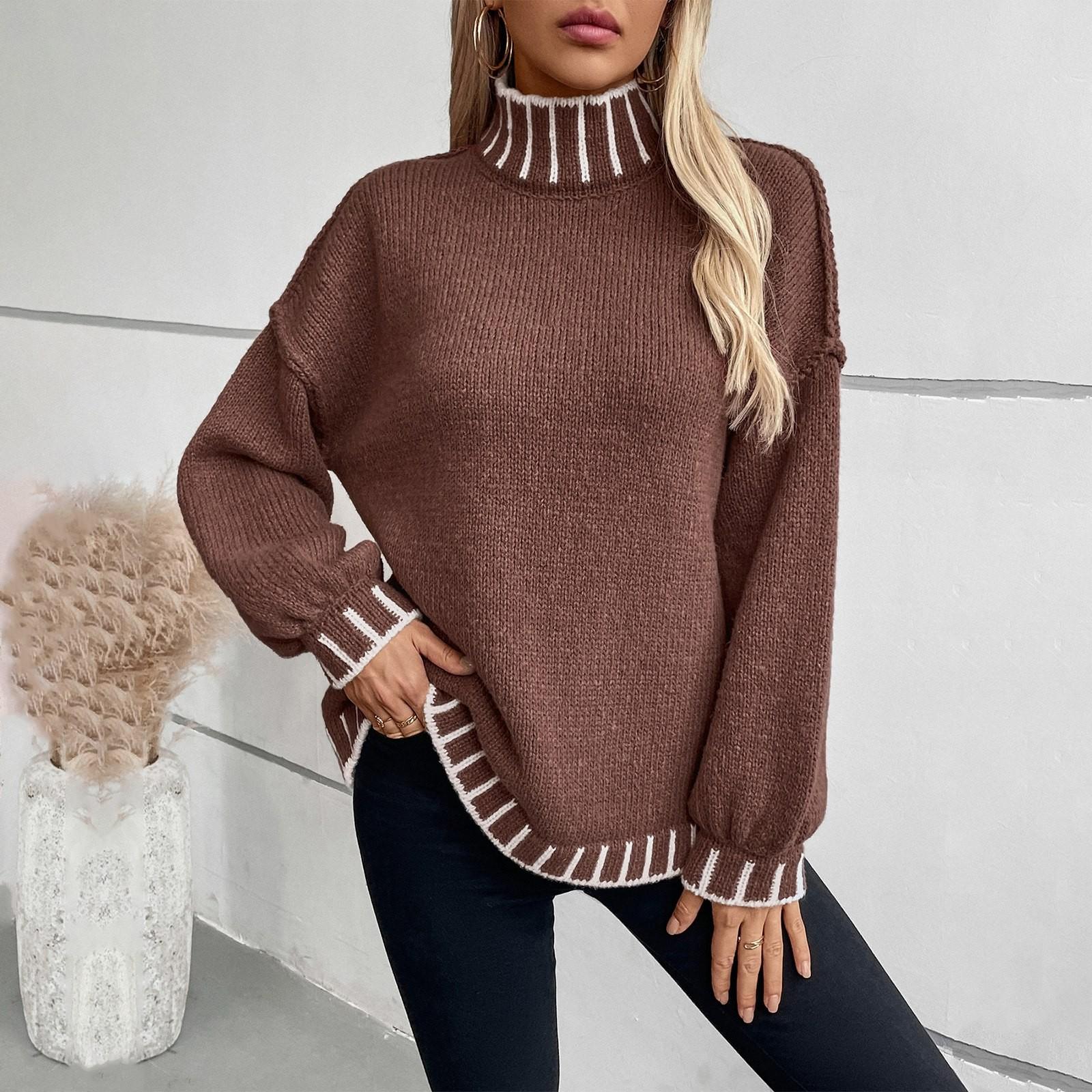 

Женский свитер с высоким воротом, трикотажный свитер с полосками, вязаный свитер с косами, осень-зима, длинный рукав, модный, трендовый L хаки