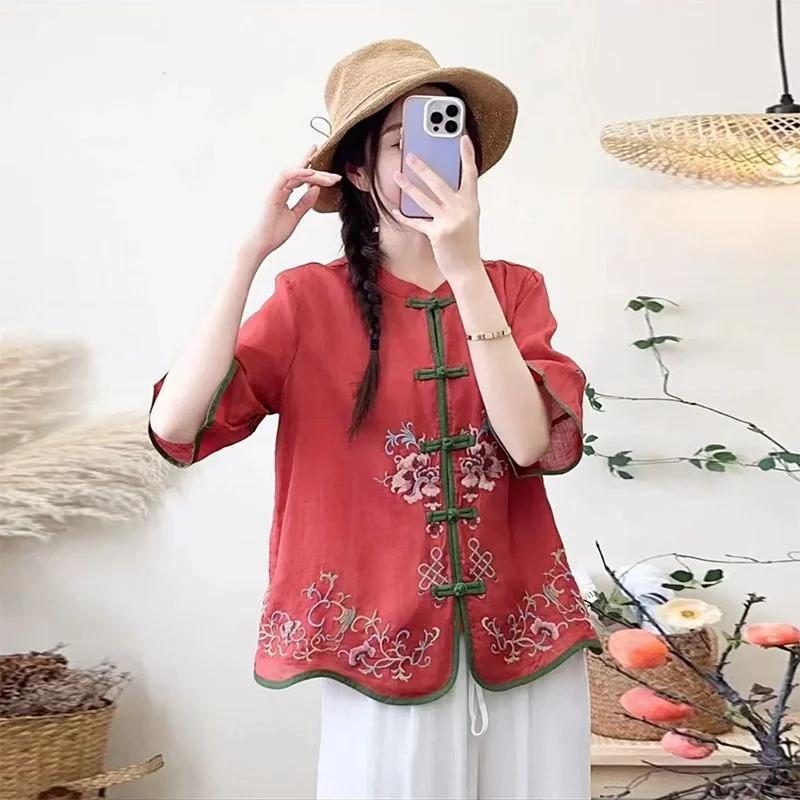 

Women s Chinese Style Linen Blouse Floral Embroidered Frog Button 3/4 Sleeve Retro Casual Top L червоний