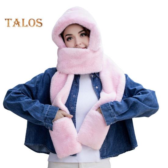 

Женская зимняя шапка со встроенным шарфом и перчатками, толстая теплая, из искусственного меха, однотонная, полная защита, для езды на велосипеде, путешествий, холодной погоды