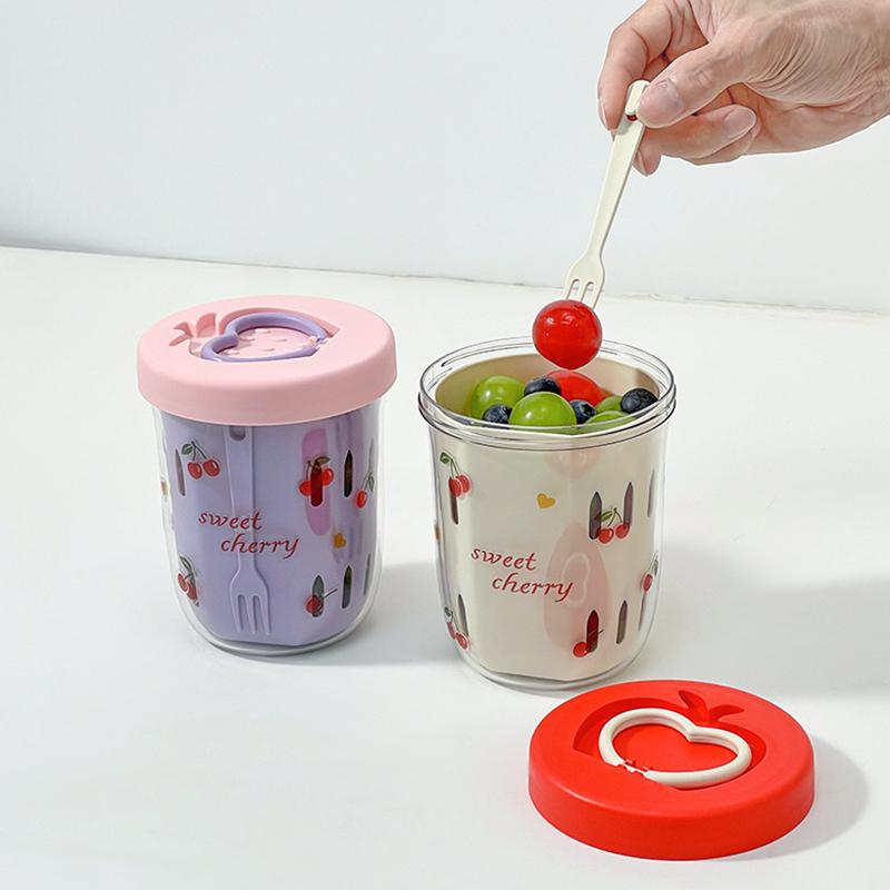 Double Wall Salad Cup Portable Leak Proof Oat Container With Fork&Handle Drain Fruit Cup Cute Breakfast Cup For Student