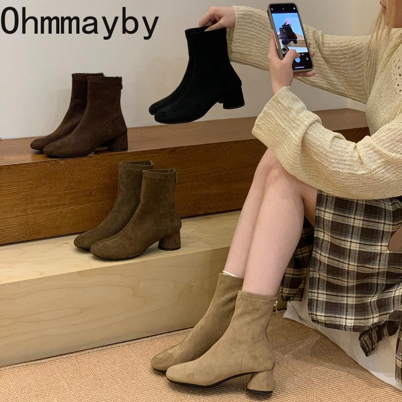 Vintage Stretch Slim Women Ankle Boots Fashion Pointed Toe Thick Heel Shoes Street Style Banquet Party Short Botas Mujer
