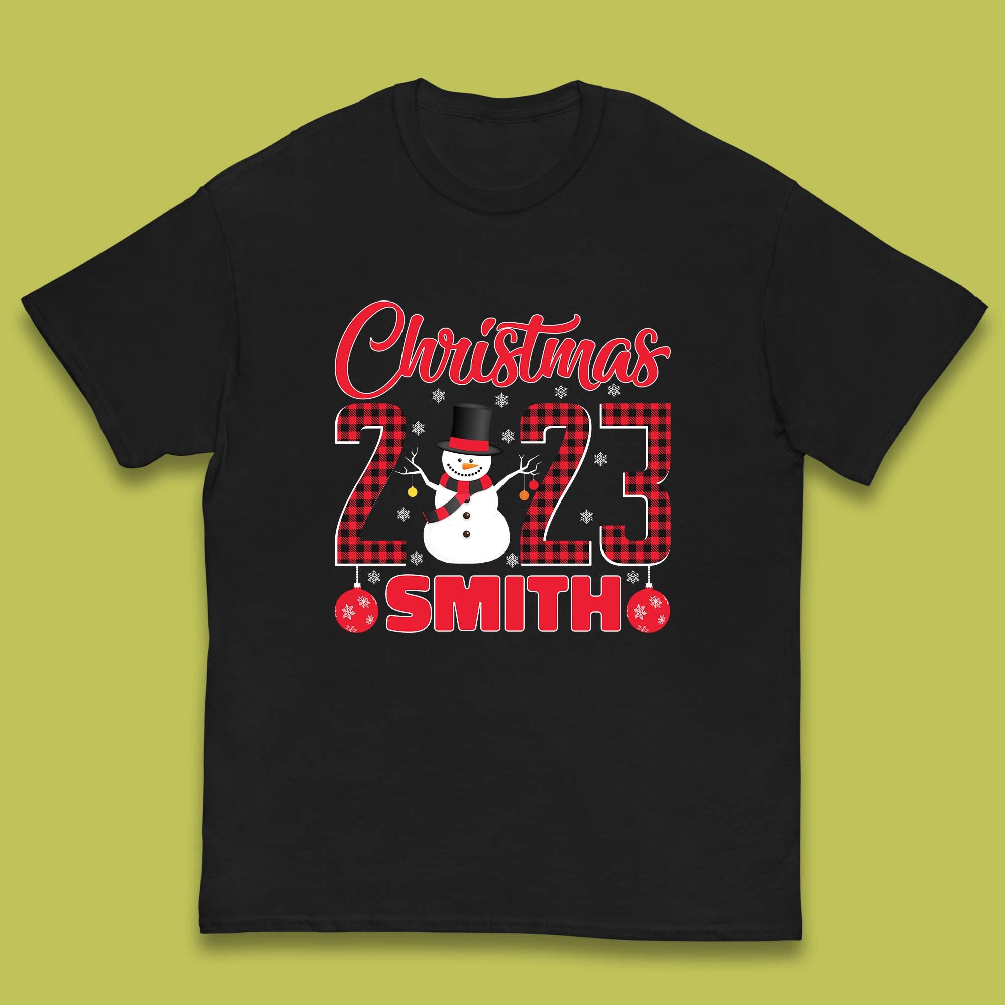 Personalised Christmas 2023 Your Name Snowman Buffalo Plaid Xmas Kids T Shirt 140