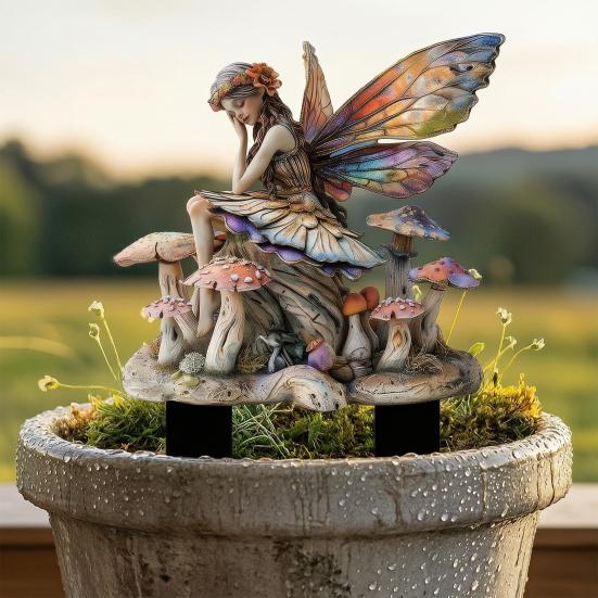 Mushroom Fairy Garden Stake, 2D Acrylic Fairy Sitting on Mushroom Yard Art Stake, Butterfly Wings Fairy Outdoor Decoration for Lawn Planter Flower